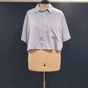 100% Polyester Baby Blue Satin-Look Cropped Button Down Shirt